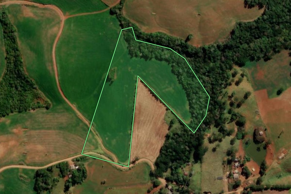Imagem de satélite do imóvel rural em Santa Maria do Oeste (PR), com o contorno declarado no CAR desenhado por cima.