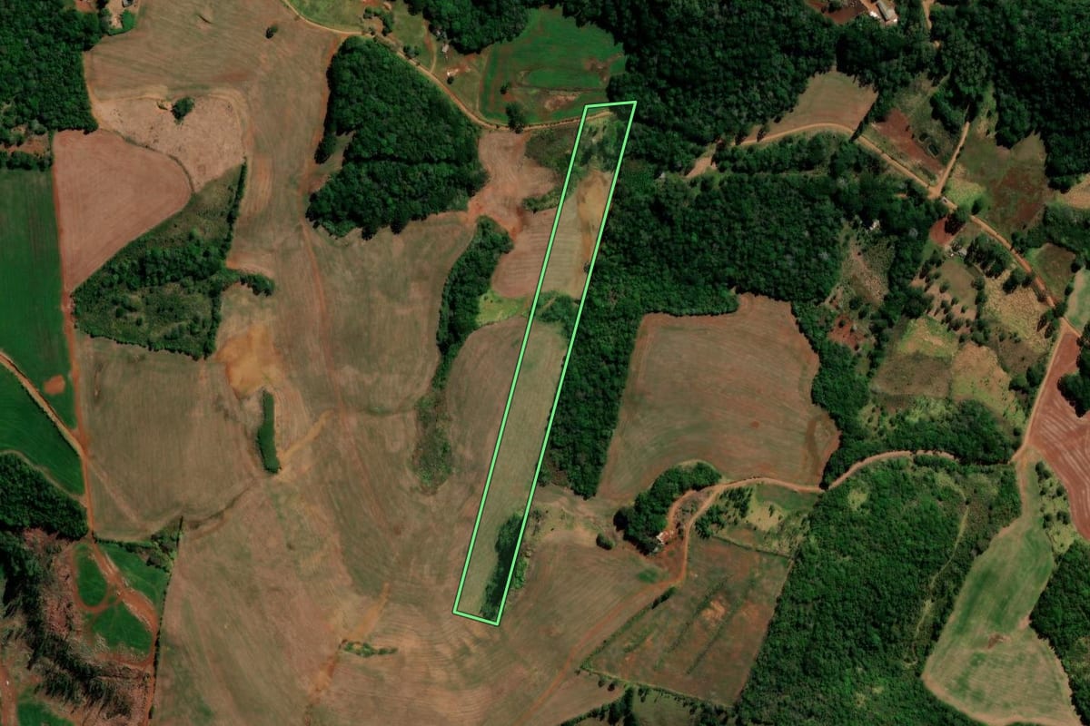 Imagem de satélite do imóvel rural em Santa Maria do Oeste (PR), com o contorno declarado no CAR desenhado por cima.