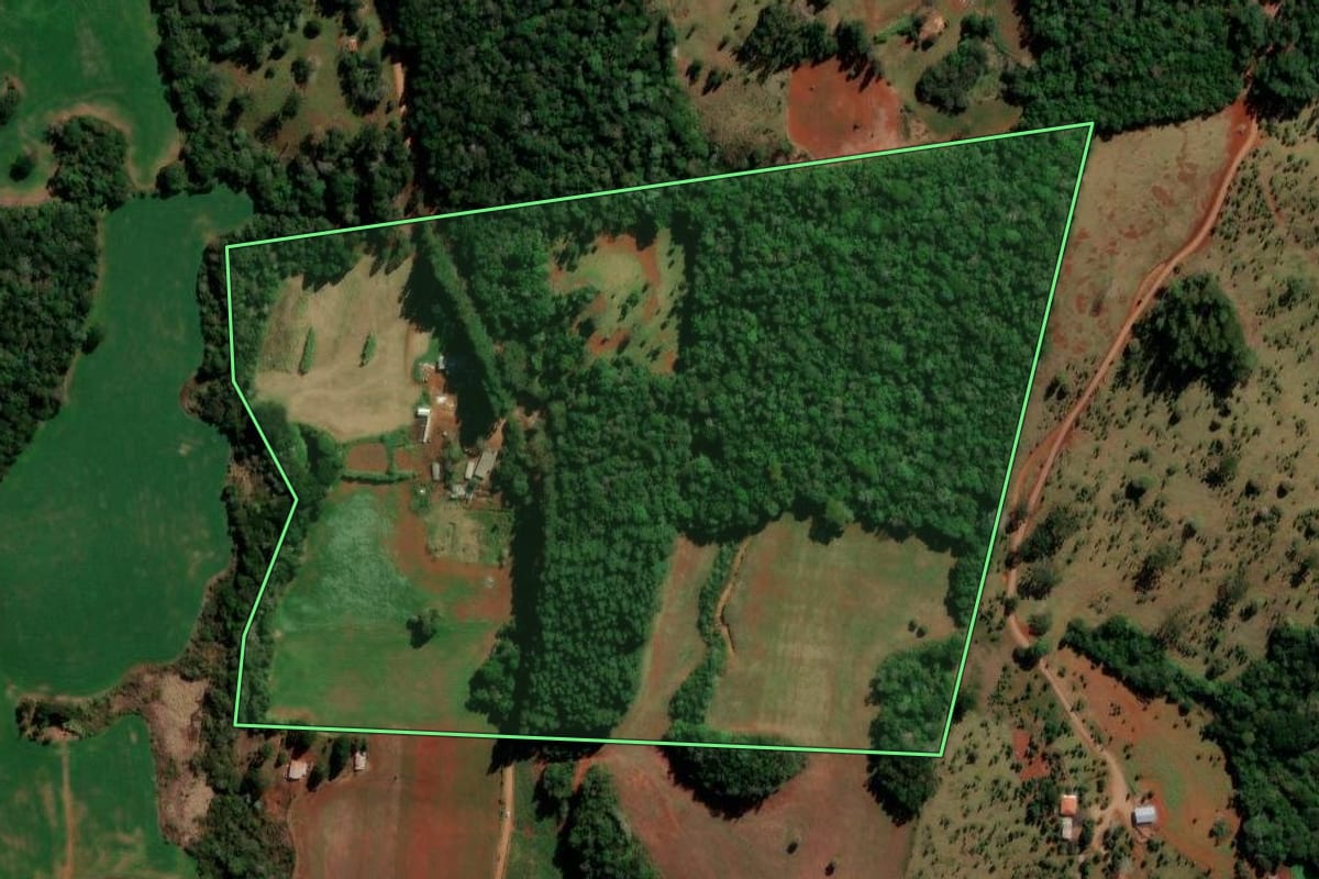 Imagem de satélite do imóvel rural em Santa Maria do Oeste (PR), com o contorno declarado no CAR desenhado por cima.