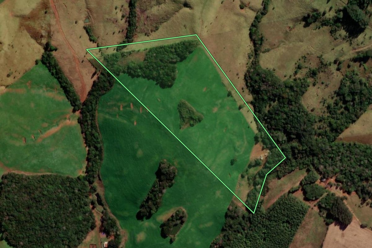 Imagem de satélite do imóvel rural em Santa Maria do Oeste (PR), com o contorno declarado no CAR desenhado por cima.