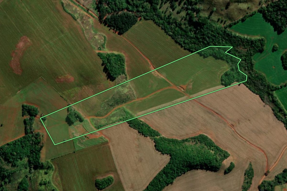 Imagem de satélite do imóvel rural em Santa Maria do Oeste (PR), com o contorno declarado no CAR desenhado por cima.