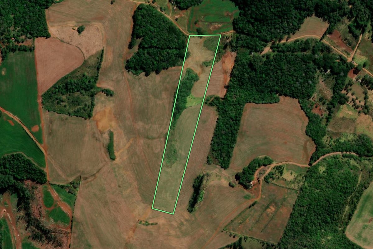 Imagem de satélite do imóvel rural em Santa Maria do Oeste (PR), com o contorno declarado no CAR desenhado por cima.