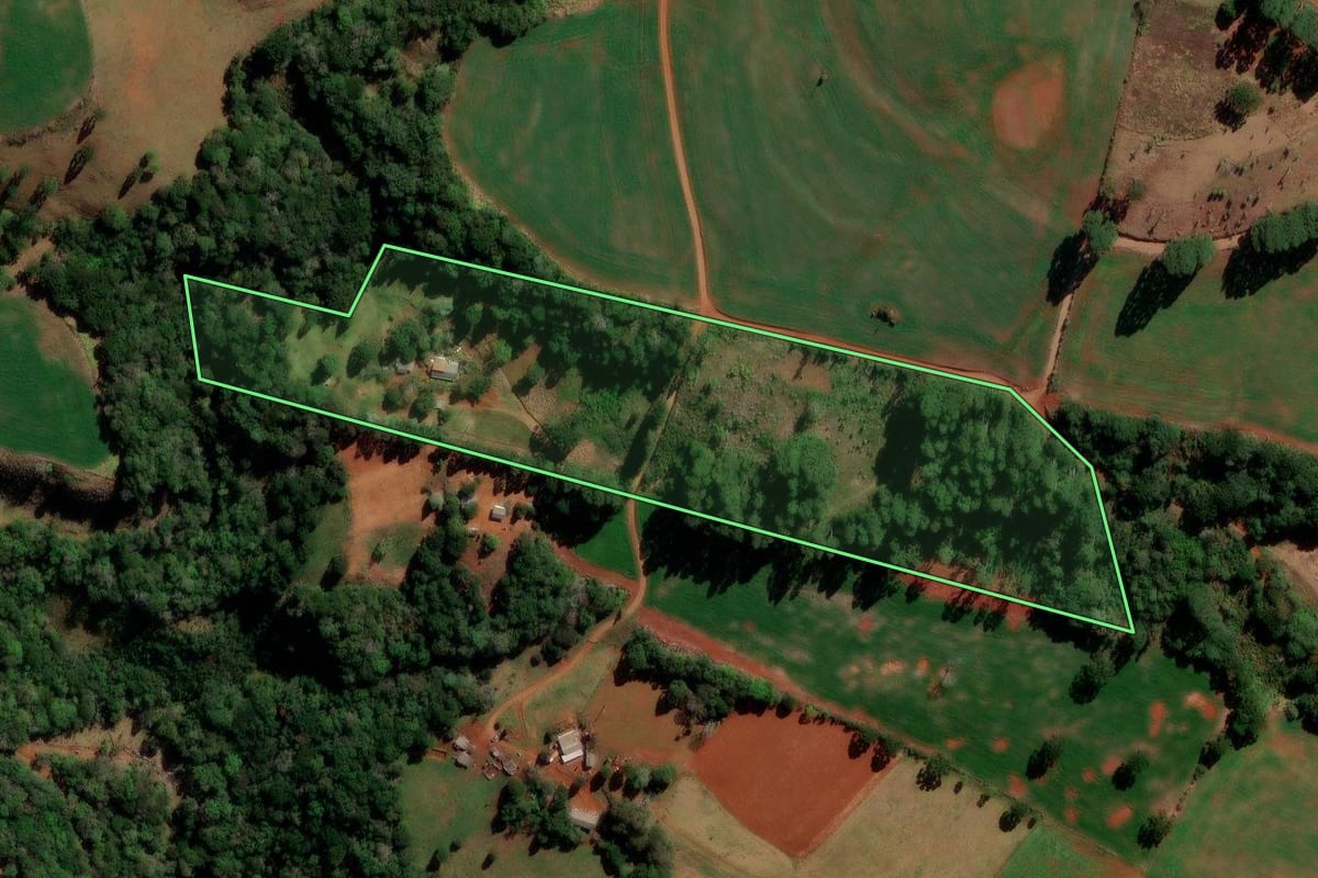Imagem de satélite do imóvel rural em Santa Maria do Oeste (PR), com o contorno declarado no CAR desenhado por cima.