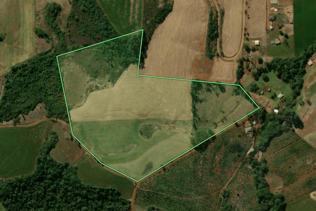 Imagem de satélite do imóvel rural em Santa Maria do Oeste (PR), com o contorno declarado no CAR desenhado por cima.