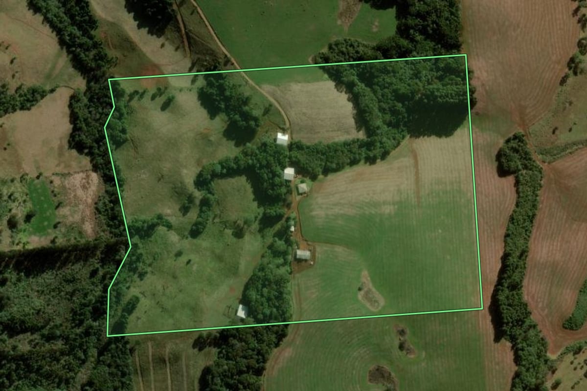 Imagem de satélite do imóvel rural em Santa Maria do Oeste (PR), com o contorno declarado no CAR desenhado por cima.