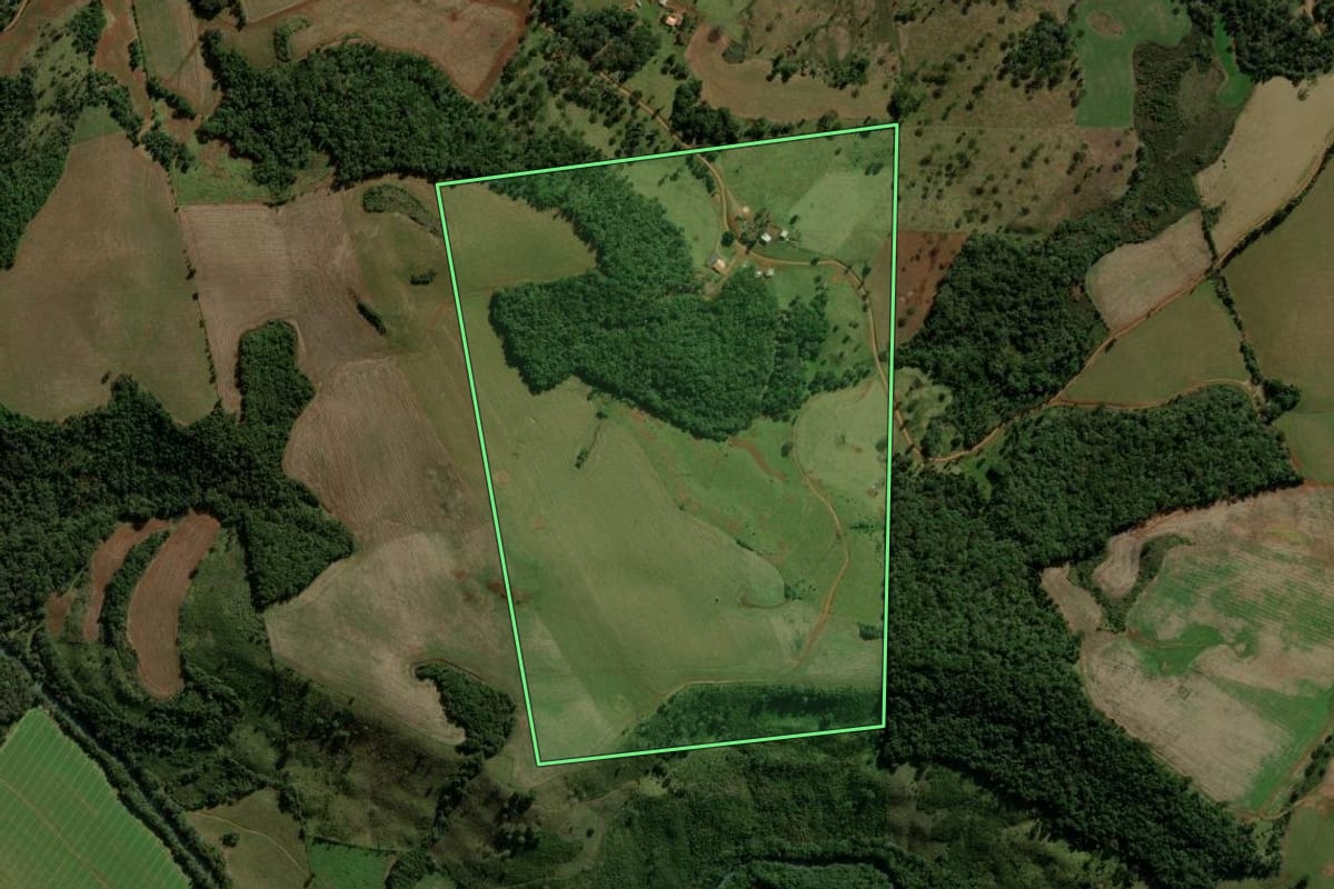 Imagem de satélite do imóvel rural em Santa Maria do Oeste (PR), com o contorno declarado no CAR desenhado por cima.