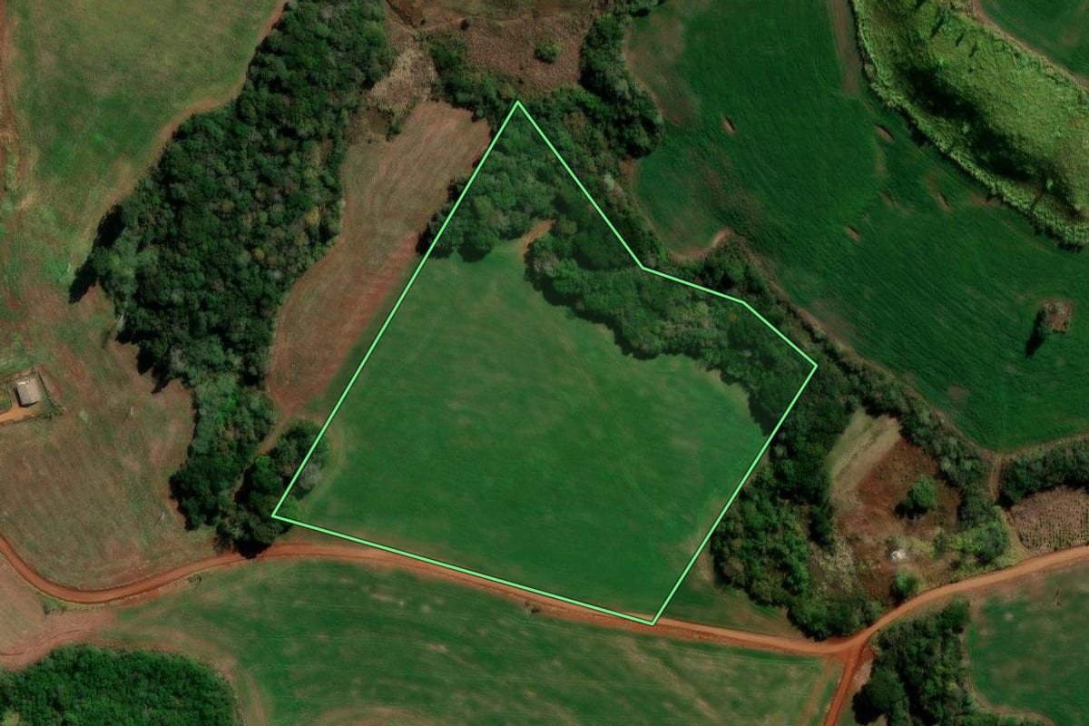 Imagem de satélite do imóvel rural em Santa Maria do Oeste (PR), com o contorno declarado no CAR desenhado por cima.