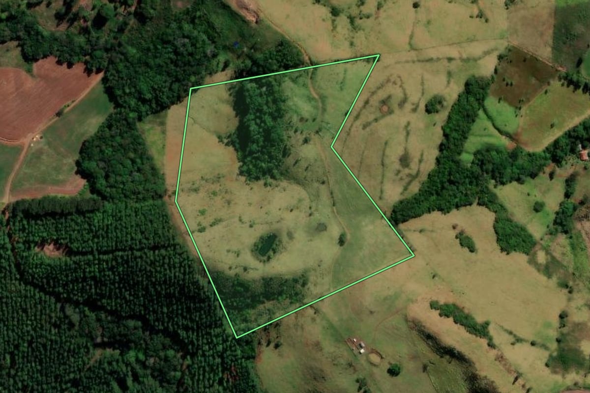 Imagem de satélite do imóvel rural em Santa Maria do Oeste (PR), com o contorno declarado no CAR desenhado por cima.