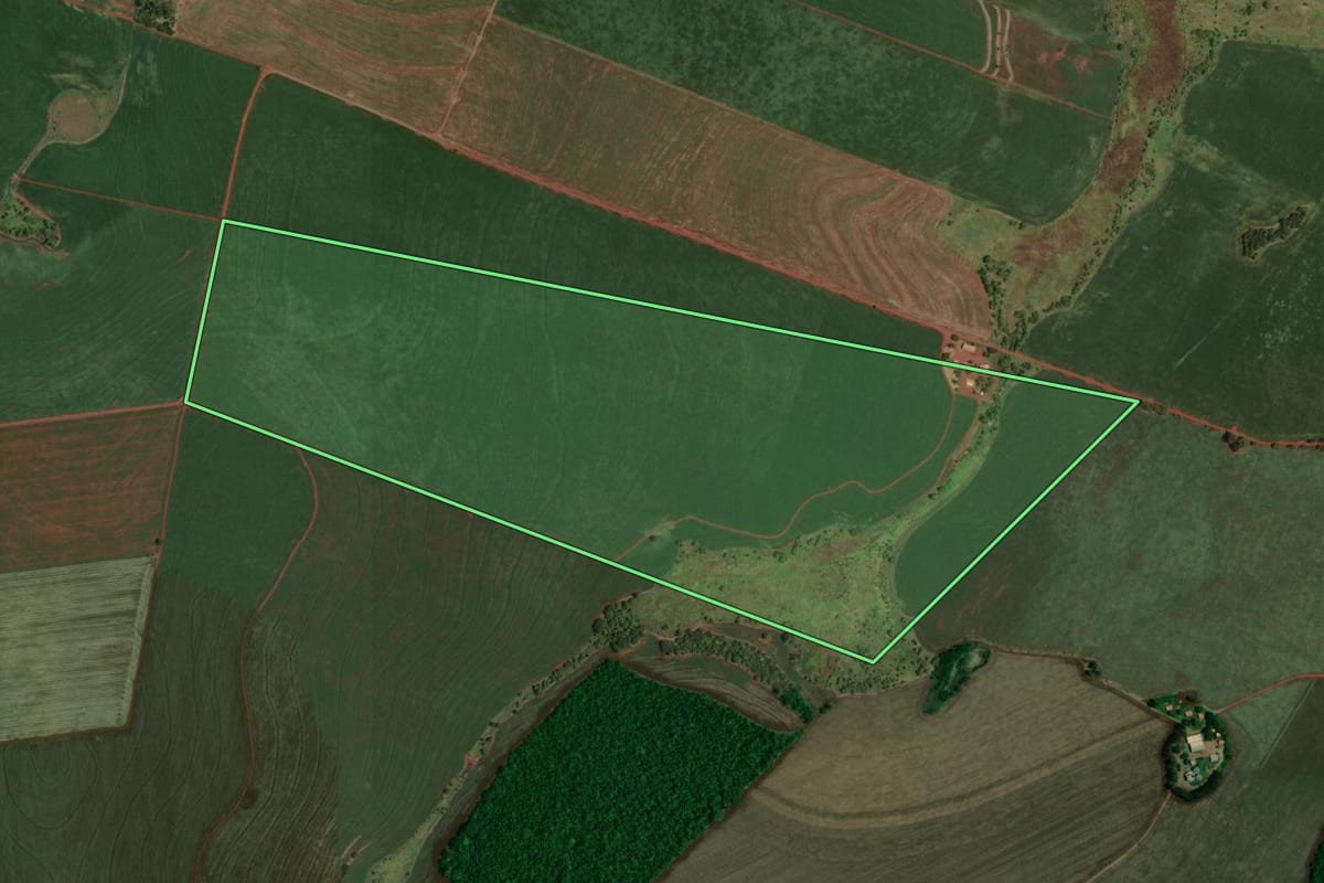 Imagem de satélite do imóvel rural em Santa Mariana (PR), com o contorno declarado no CAR desenhado por cima.