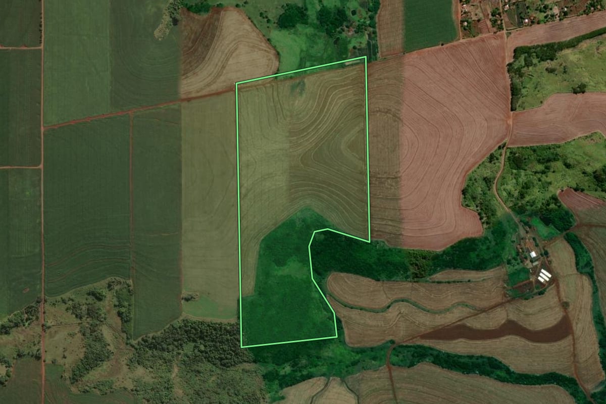 Imagem de satélite do imóvel rural em Santa Mariana (PR), com o contorno declarado no CAR desenhado por cima.