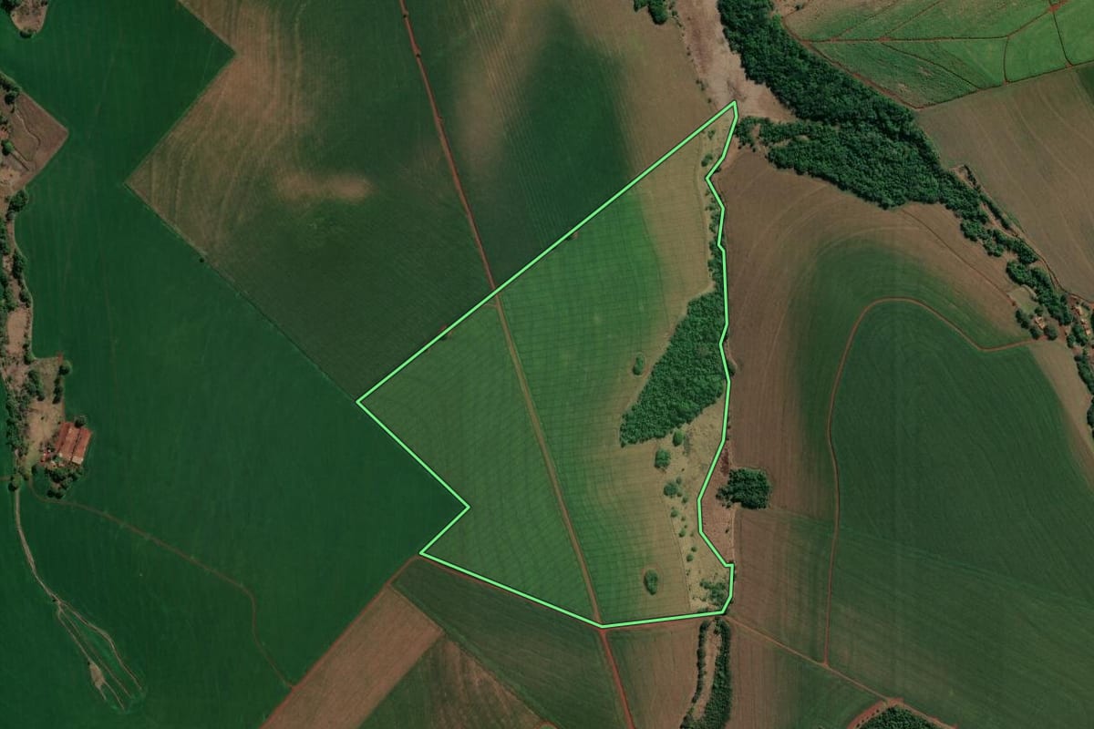 Imagem de satélite do imóvel rural em Santa Mariana (PR), com o contorno declarado no CAR desenhado por cima.