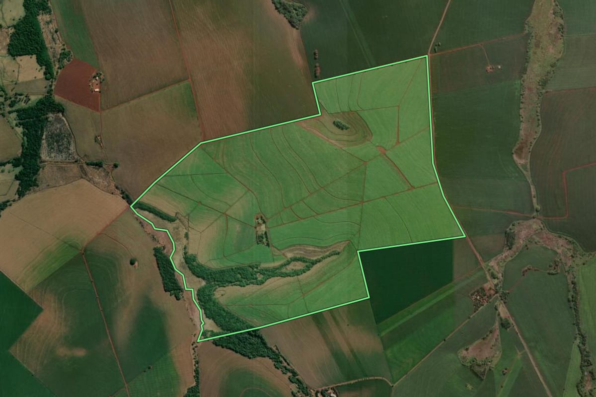 Imagem de satélite do imóvel rural em Santa Mariana (PR), com o contorno declarado no CAR desenhado por cima.