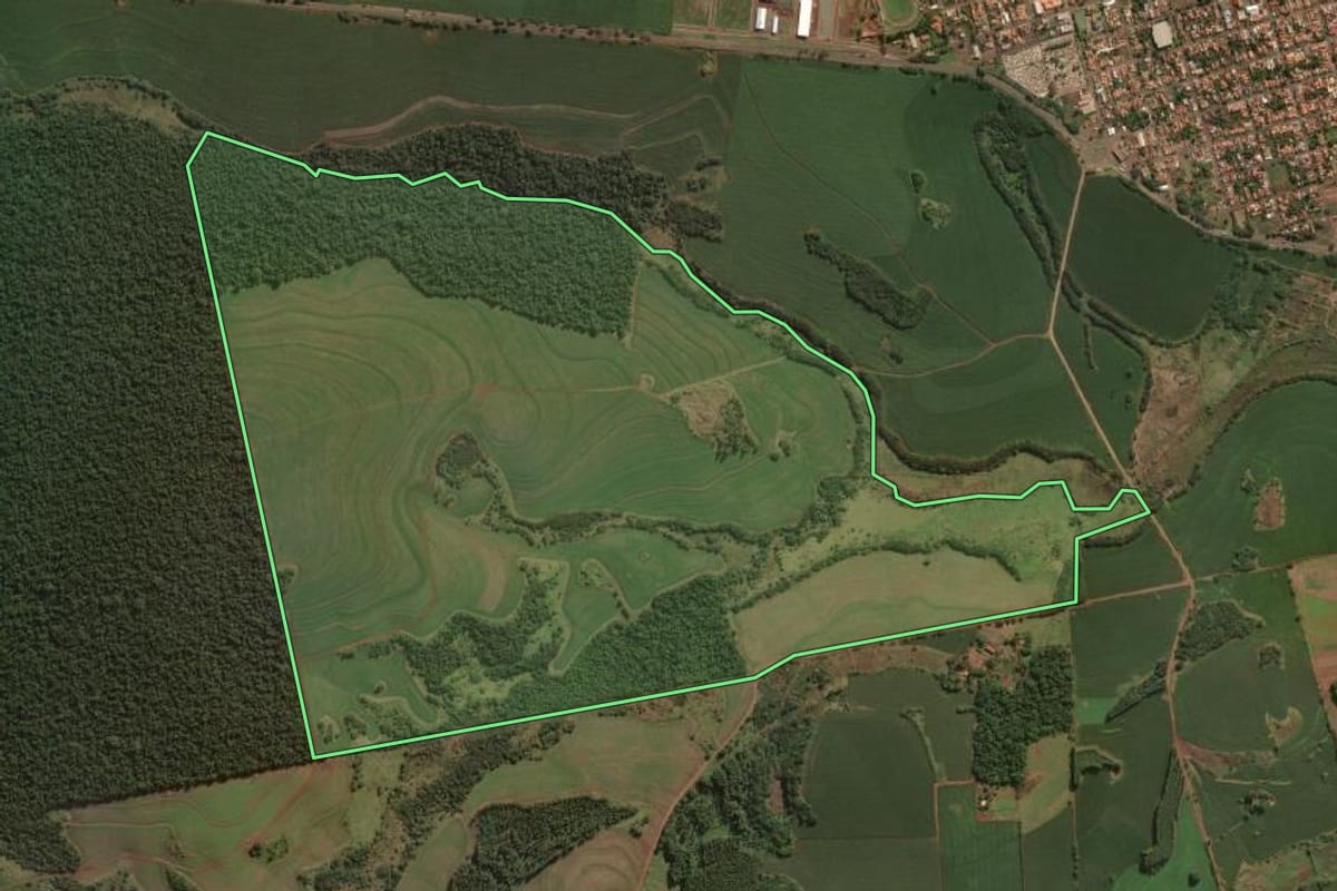 Imagem de satélite do imóvel rural em Santa Mariana (PR), com o contorno declarado no CAR desenhado por cima.