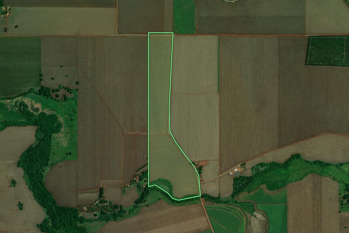 Imagem de satélite do imóvel rural em Santa Mariana (PR), com o contorno declarado no CAR desenhado por cima.