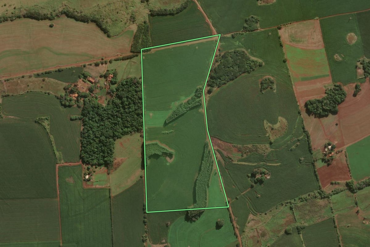 Imagem de satélite do imóvel rural em Santa Mariana (PR), com o contorno declarado no CAR desenhado por cima.