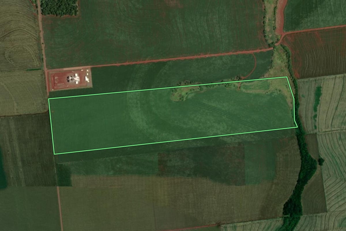 Imagem de satélite do imóvel rural em Santa Mariana (PR), com o contorno declarado no CAR desenhado por cima.