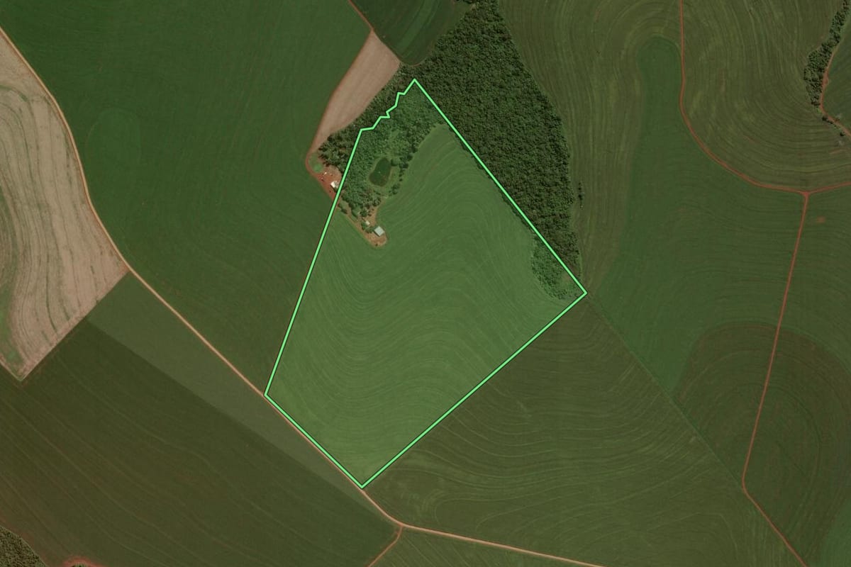 Imagem de satélite do imóvel rural em Santa Tereza do Oeste (PR), com o contorno declarado no CAR desenhado por cima.