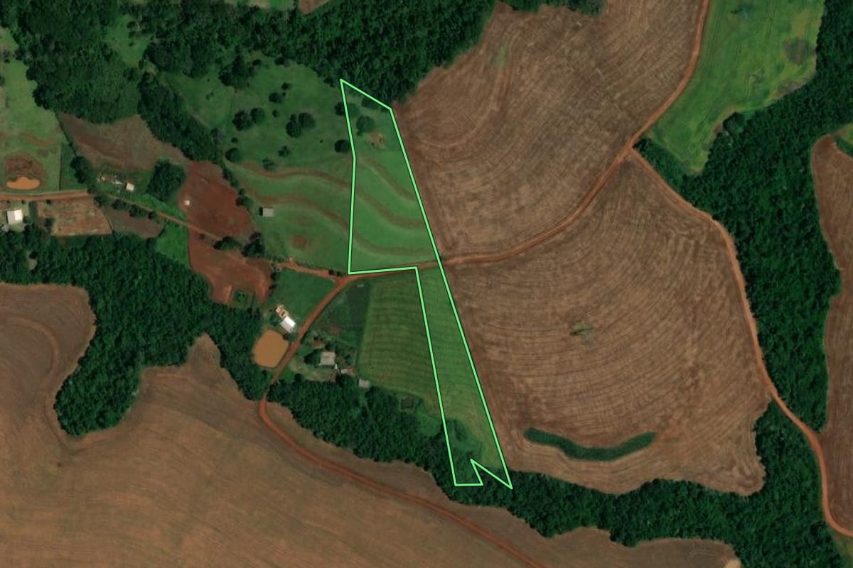 Imagem de satélite do imóvel rural em Santa Tereza do Oeste (PR), com o contorno declarado no CAR desenhado por cima.