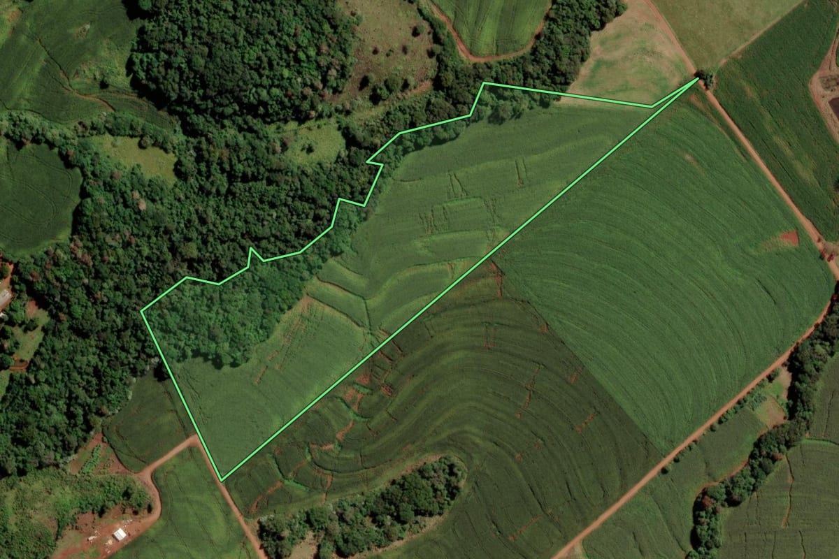 Imagem de satélite do imóvel rural em Santa Tereza do Oeste (PR), com o contorno declarado no CAR desenhado por cima.