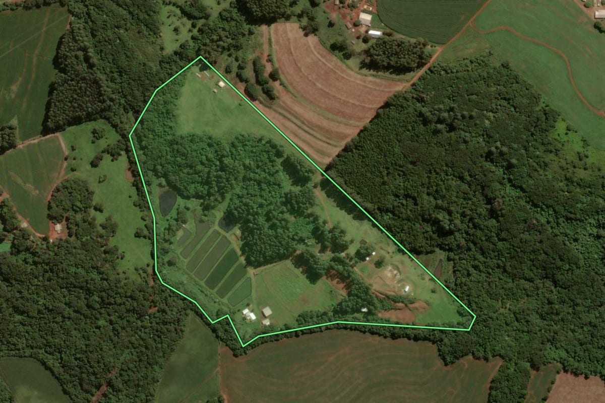 Imagem de satélite do imóvel rural em Santa Tereza do Oeste (PR), com o contorno declarado no CAR desenhado por cima.