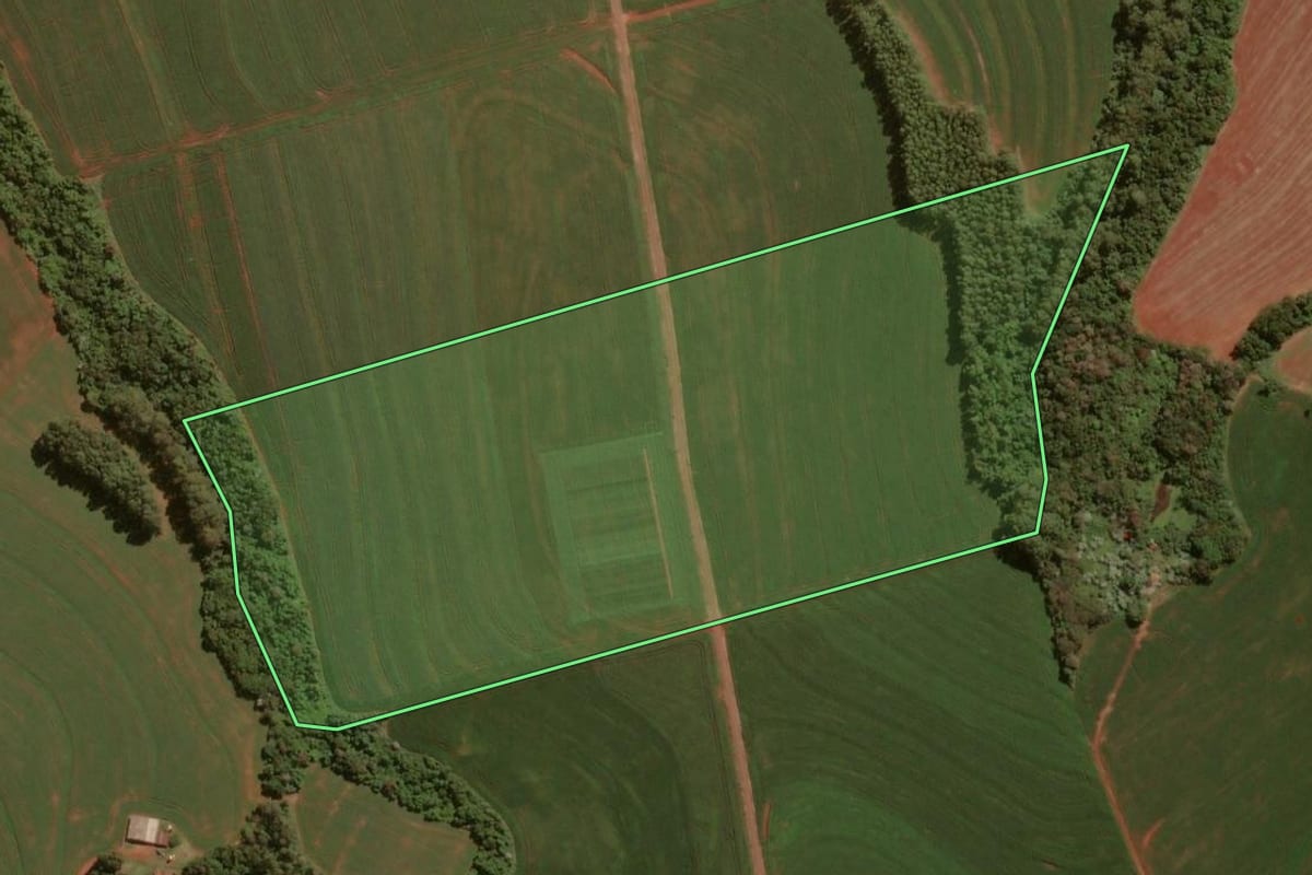 Imagem de satélite do imóvel rural em Santa Tereza do Oeste (PR), com o contorno declarado no CAR desenhado por cima.