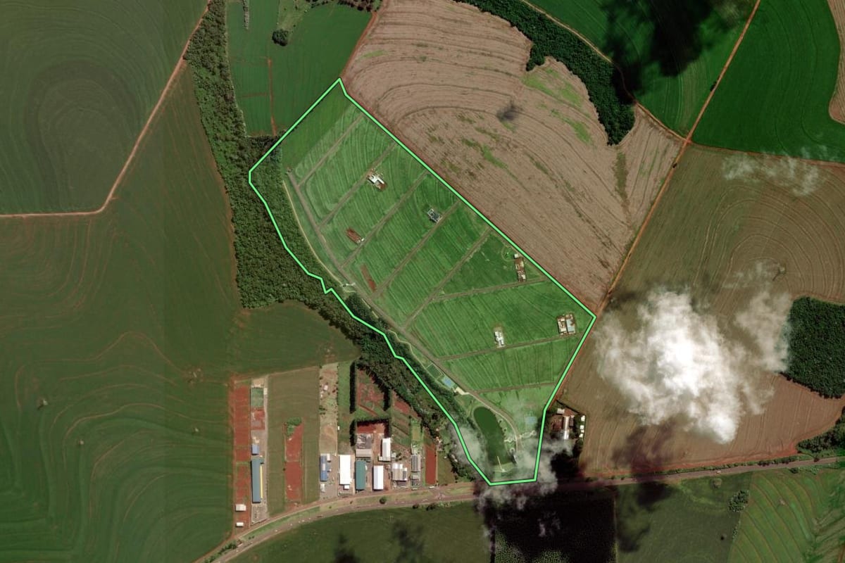 Imagem de satélite do imóvel rural em Santa Tereza do Oeste (PR), com o contorno declarado no CAR desenhado por cima.