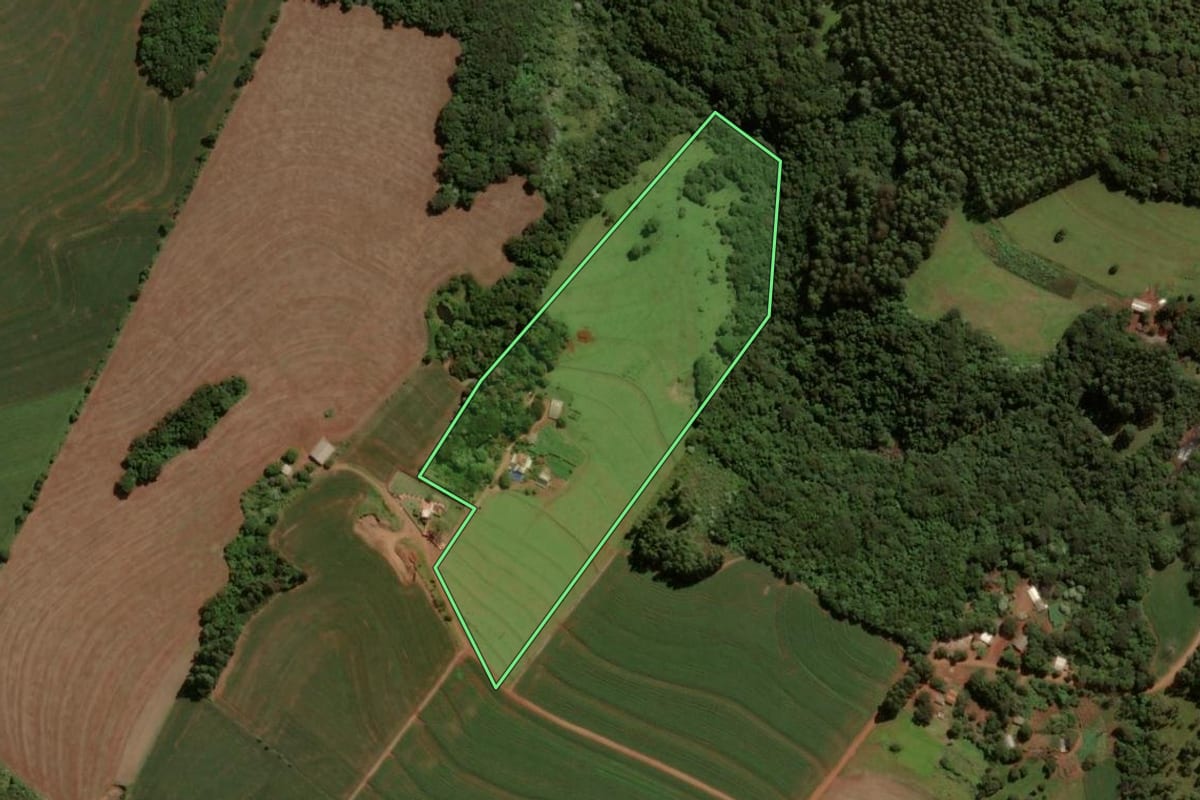Imagem de satélite do imóvel rural em Santa Tereza do Oeste (PR), com o contorno declarado no CAR desenhado por cima.