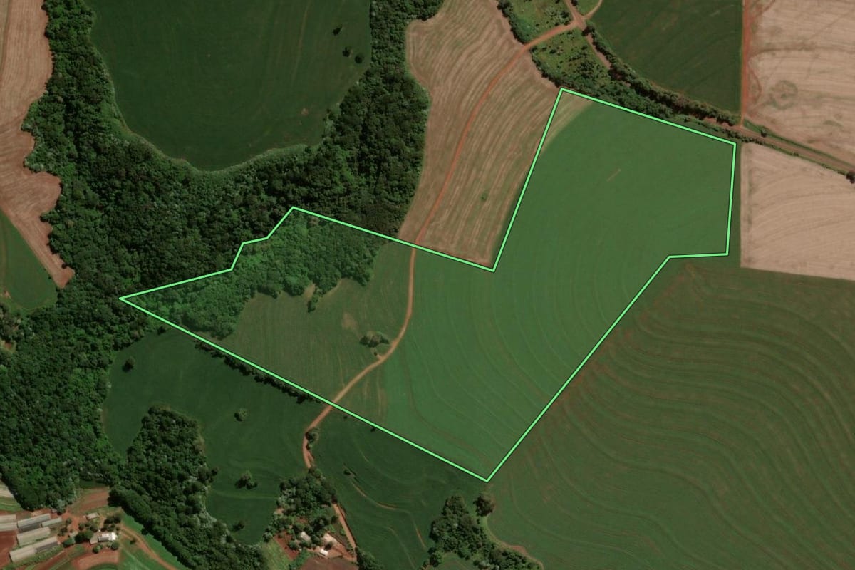 Imagem de satélite do imóvel rural em Santa Tereza do Oeste (PR), com o contorno declarado no CAR desenhado por cima.
