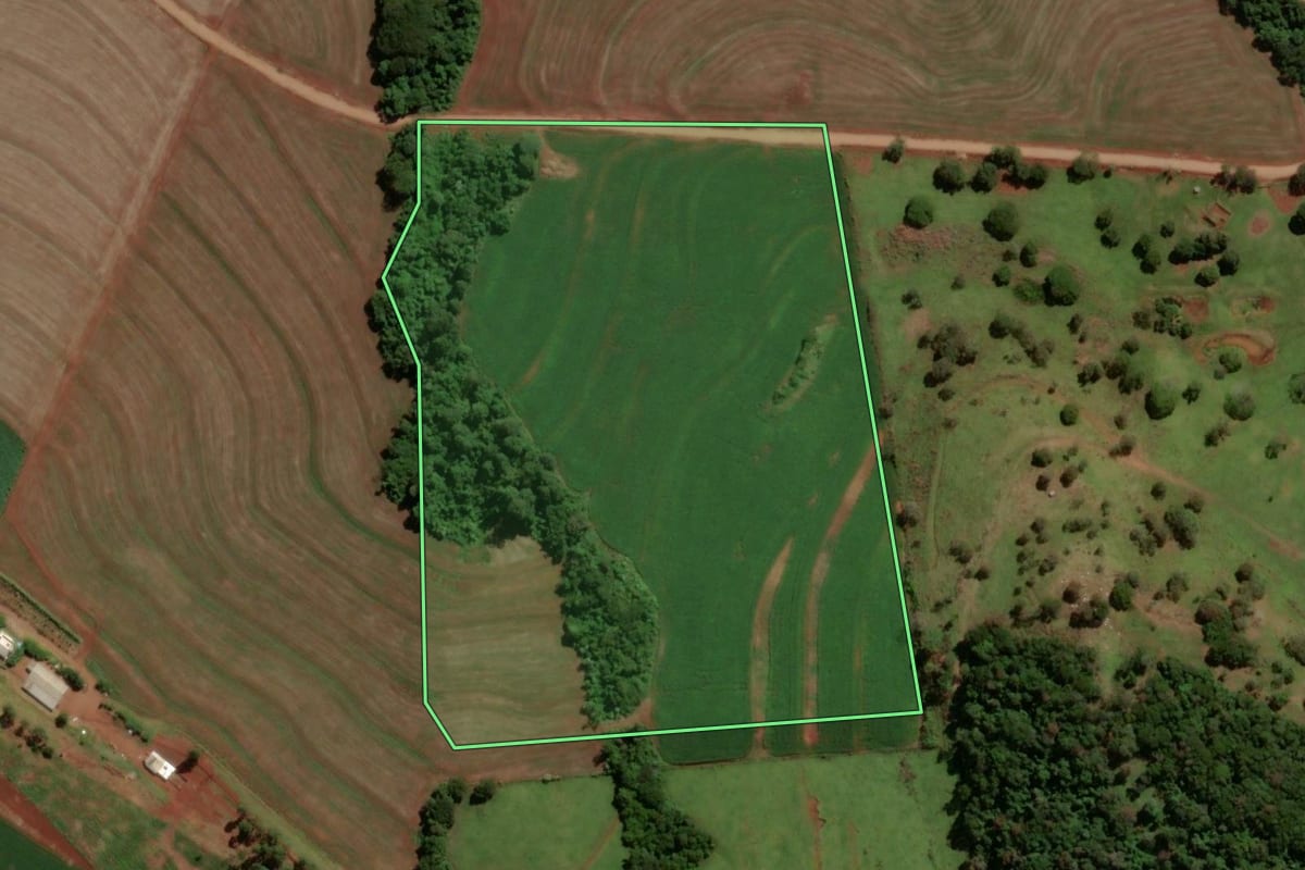 Imagem de satélite do imóvel rural em Santa Tereza do Oeste (PR), com o contorno declarado no CAR desenhado por cima.