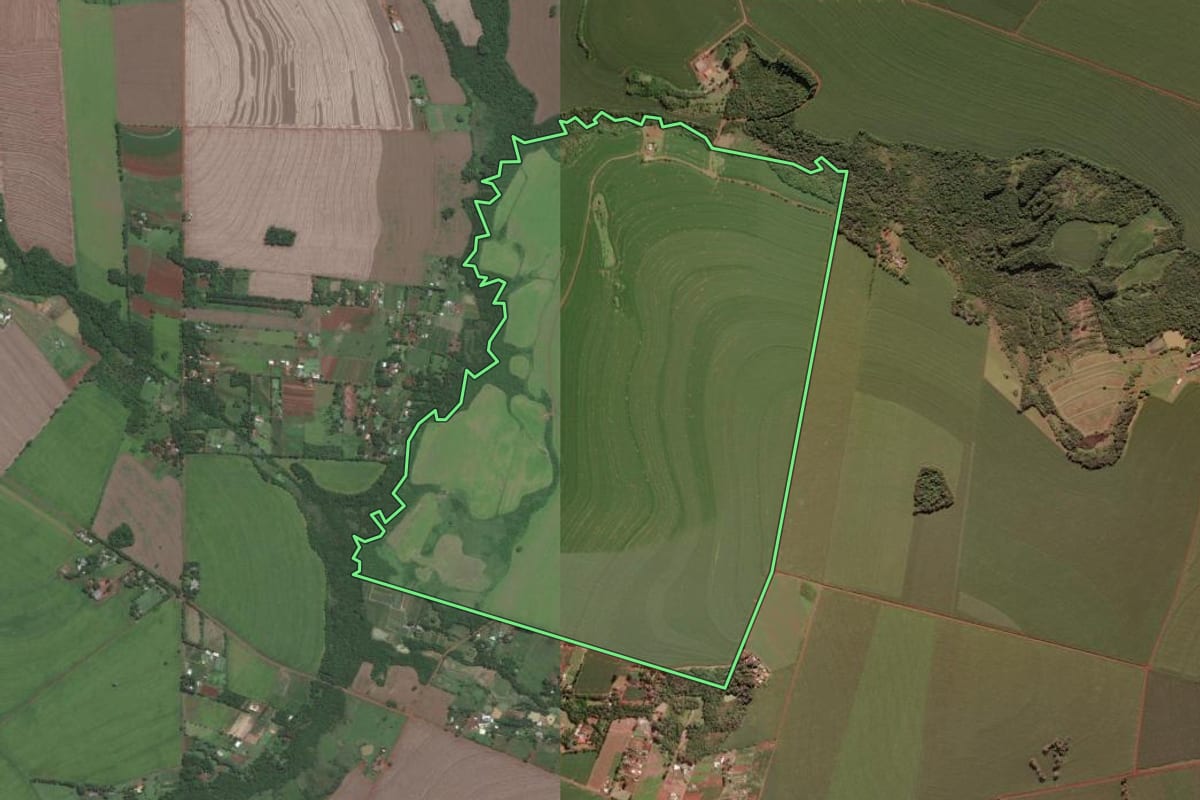Imagem de satélite do imóvel rural em Santa Terezinha de Itaipu (PR), com o contorno declarado no CAR desenhado por cima.
