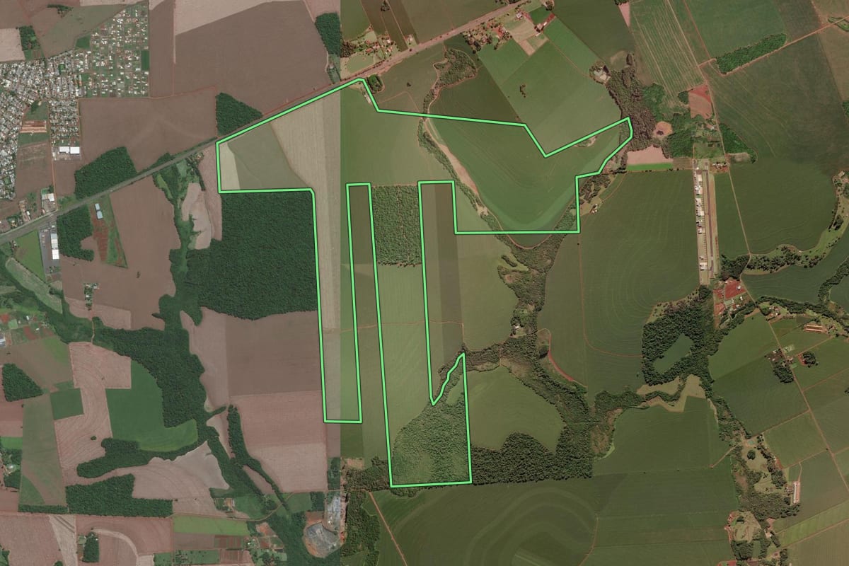 Imagem de satélite do imóvel rural em Santa Terezinha de Itaipu (PR), com o contorno declarado no CAR desenhado por cima.