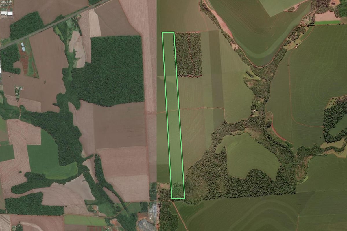 Imagem de satélite do imóvel rural em Santa Terezinha de Itaipu (PR), com o contorno declarado no CAR desenhado por cima.