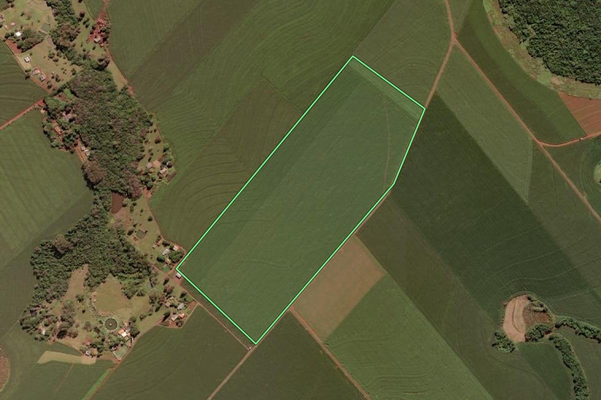 Imagem de satélite do imóvel rural em Santa Terezinha de Itaipu (PR), com o contorno declarado no CAR desenhado por cima.