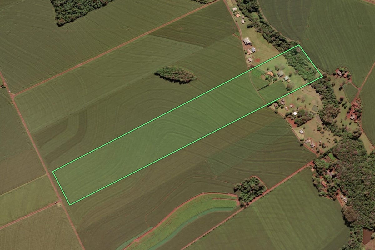 Imagem de satélite do imóvel rural em Santa Terezinha de Itaipu (PR), com o contorno declarado no CAR desenhado por cima.