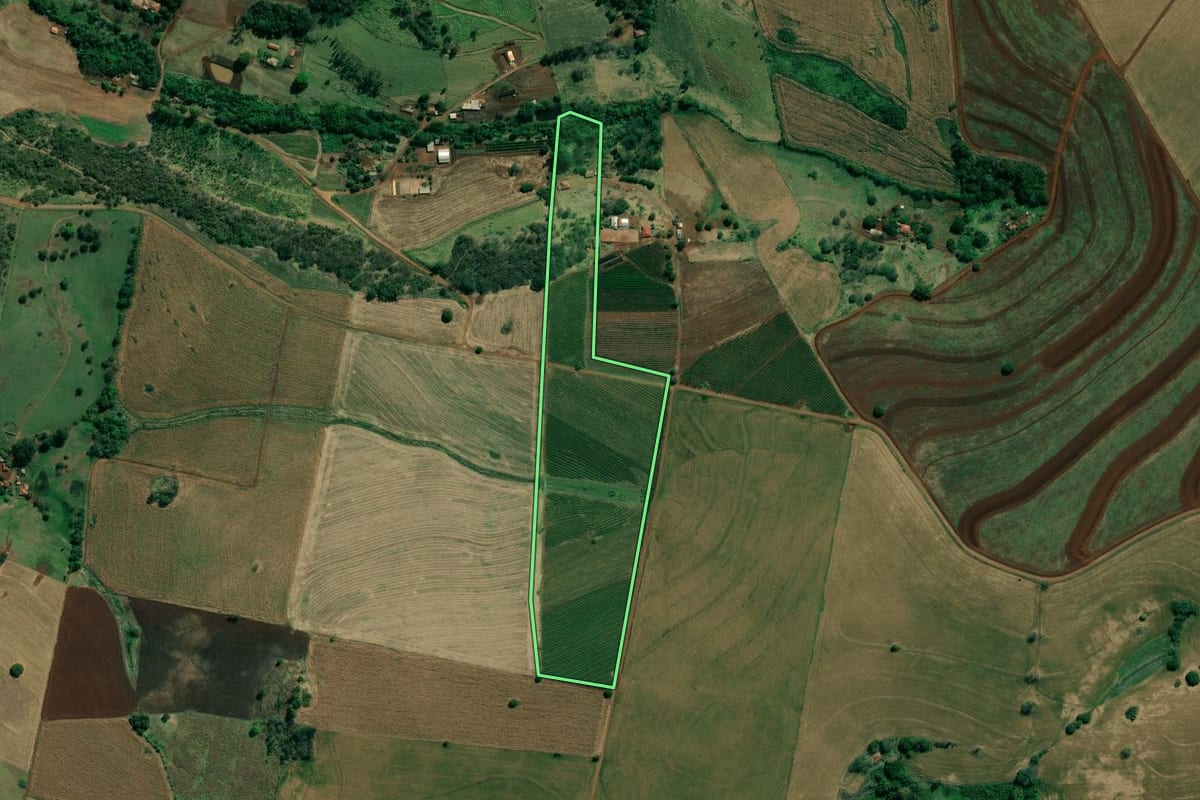Imagem de satélite do imóvel rural em Santo Antônio da Platina (PR), com o contorno declarado no CAR desenhado por cima.