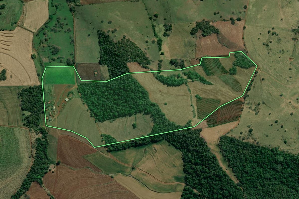 Imagem de satélite do imóvel rural em Santo Antônio da Platina (PR), com o contorno declarado no CAR desenhado por cima.