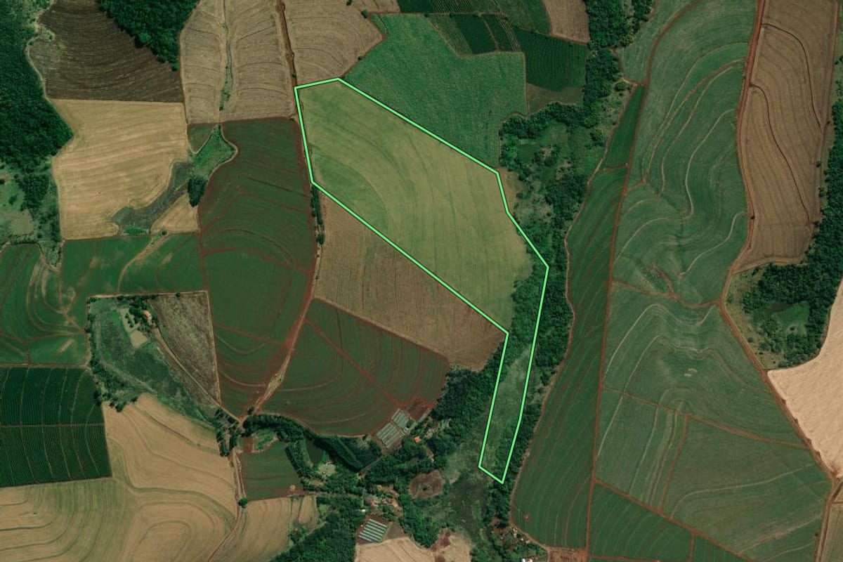 Imagem de satélite do imóvel rural em Santo Antônio da Platina (PR), com o contorno declarado no CAR desenhado por cima.