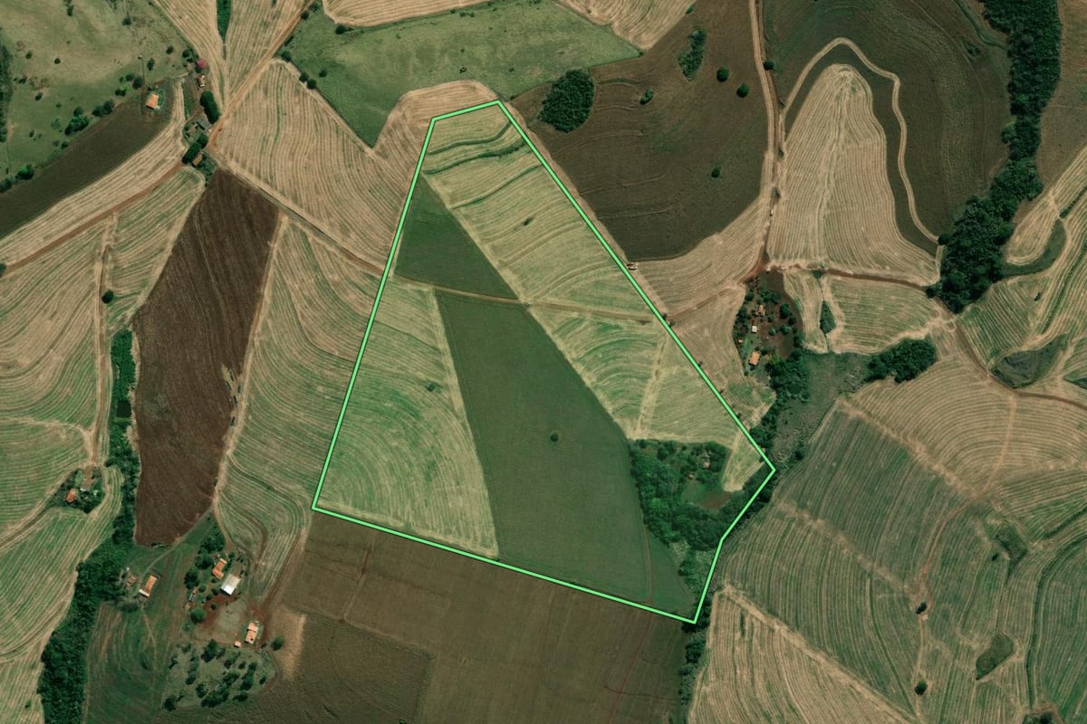 Imagem de satélite do imóvel rural em Santo Antônio da Platina (PR), com o contorno declarado no CAR desenhado por cima.