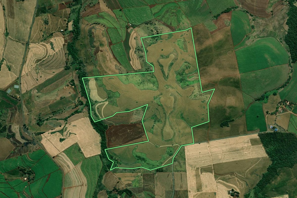 Imagem de satélite do imóvel rural em Santo Antônio da Platina (PR), com o contorno declarado no CAR desenhado por cima.