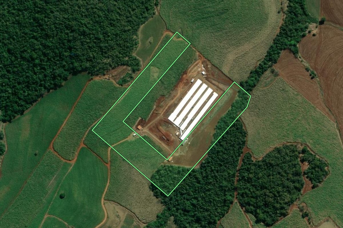 Imagem de satélite do imóvel rural em Santo Antônio da Platina (PR), com o contorno declarado no CAR desenhado por cima.
