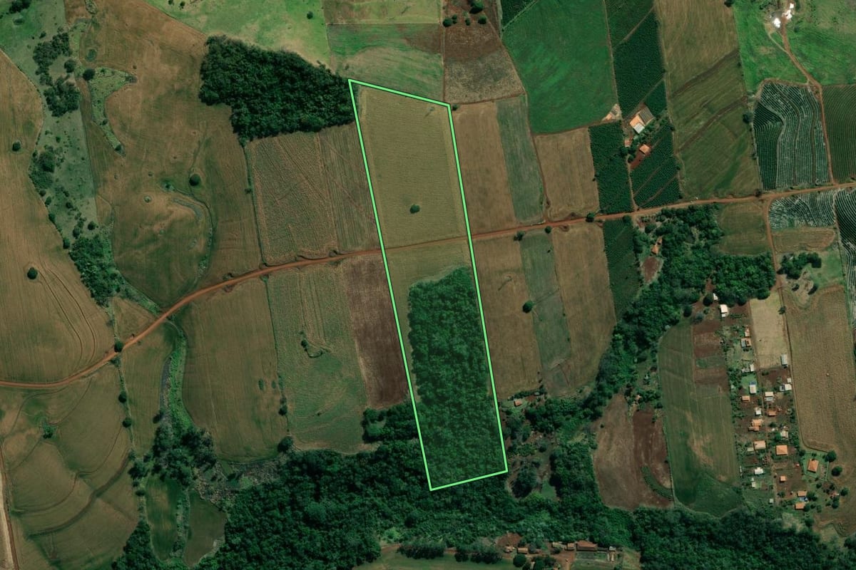 Imagem de satélite do imóvel rural em Santo Antônio da Platina (PR), com o contorno declarado no CAR desenhado por cima.