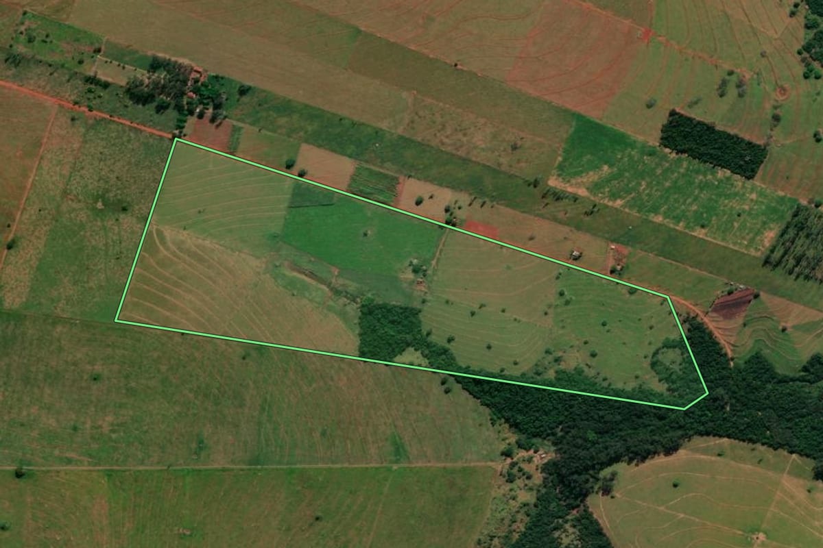 Imagem de satélite do imóvel rural em Santo Antônio do Caiuá (PR), com o contorno declarado no CAR desenhado por cima.