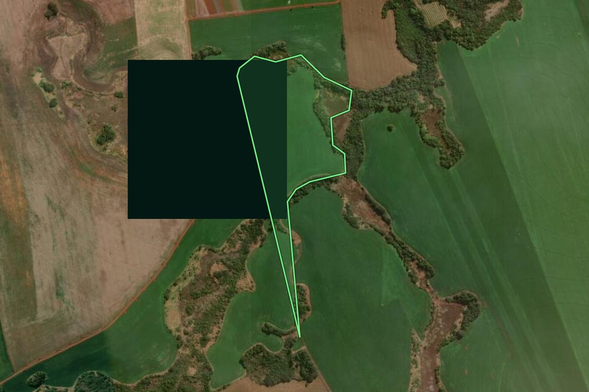 Imagem de satélite do imóvel rural em Santo Antônio do Paraíso (PR), com o contorno declarado no CAR desenhado por cima.