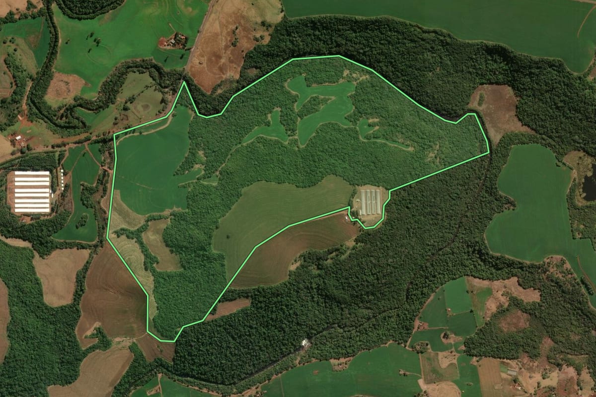 Imagem de satélite do imóvel rural em Santo Antônio do Paraíso (PR), com o contorno declarado no CAR desenhado por cima.
