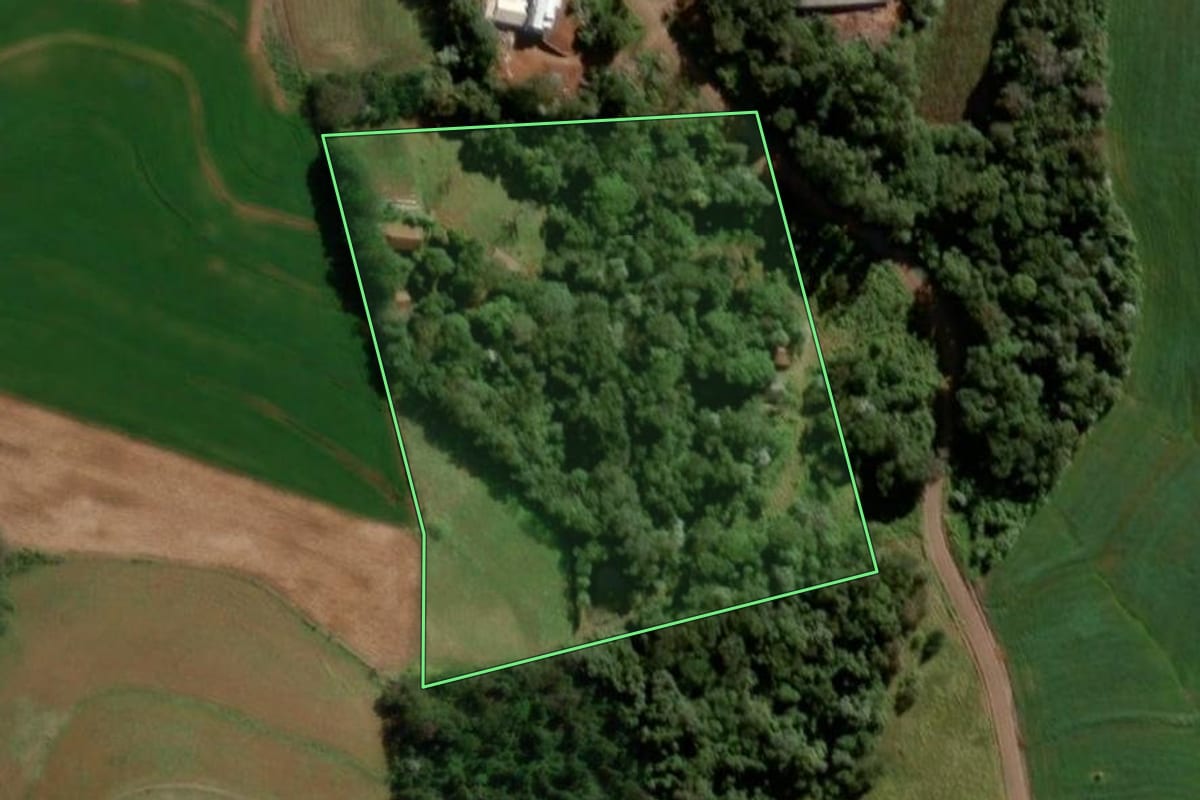 Imagem de satélite do imóvel rural em Santo Antônio do Sudoeste (PR), com o contorno declarado no CAR desenhado por cima.