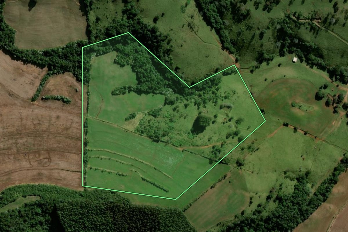 Imagem de satélite do imóvel rural em Santo Antônio do Sudoeste (PR), com o contorno declarado no CAR desenhado por cima.