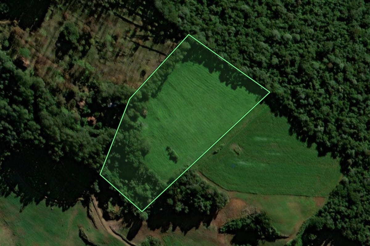Imagem de satélite do imóvel rural em Santo Antônio do Sudoeste (PR), com o contorno declarado no CAR desenhado por cima.