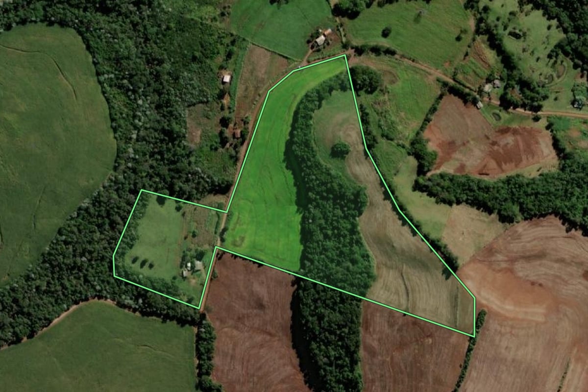 Imagem de satélite do imóvel rural em Santo Antônio do Sudoeste (PR), com o contorno declarado no CAR desenhado por cima.