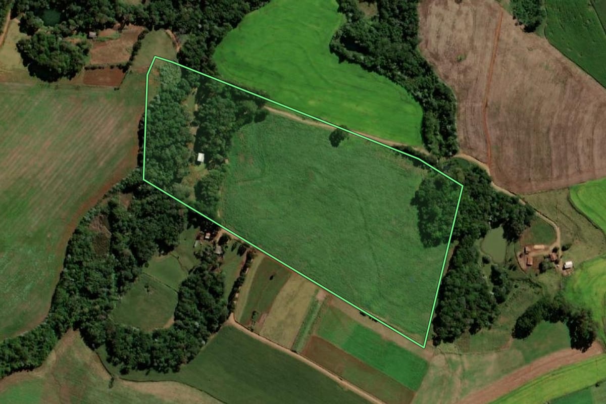 Imagem de satélite do imóvel rural em Santo Antônio do Sudoeste (PR), com o contorno declarado no CAR desenhado por cima.