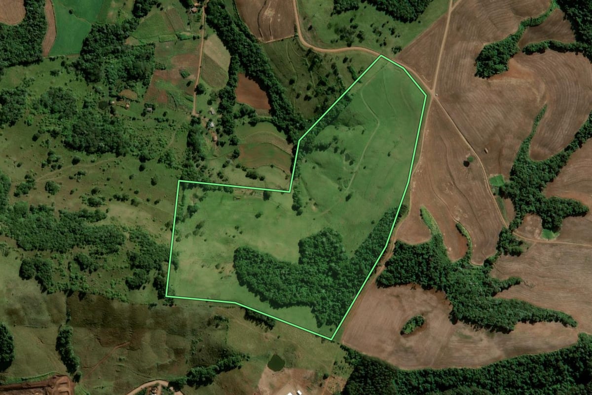 Imagem de satélite do imóvel rural em Santo Antônio do Sudoeste (PR), com o contorno declarado no CAR desenhado por cima.